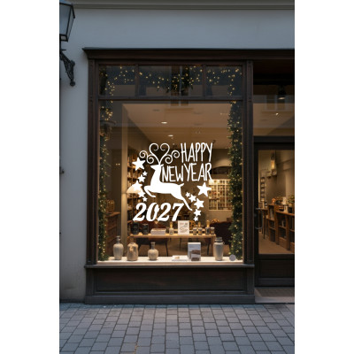 Geyik ve Happy New Year 2027 Yılbaşı Süslemeleri Yeni Yıl Yılbaşı Vitrin Cam Sticker
