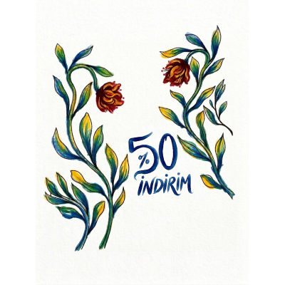 Çiçek Tasarım Vitrin Cam Sticker – %50 İndirim Yazısı & Dekoratif Cam Vitrin Sticker