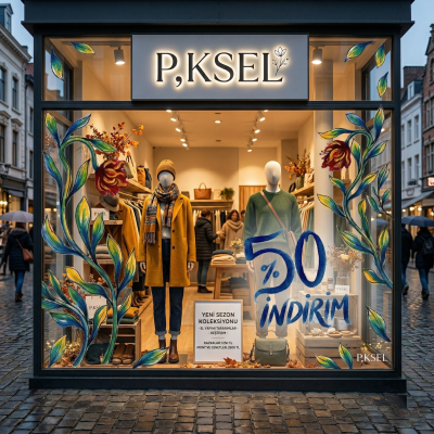 Çiçek Tasarım Vitrin Cam Sticker – %50 İndirim Yazısı & Dekoratif Cam Vitrin Sticker