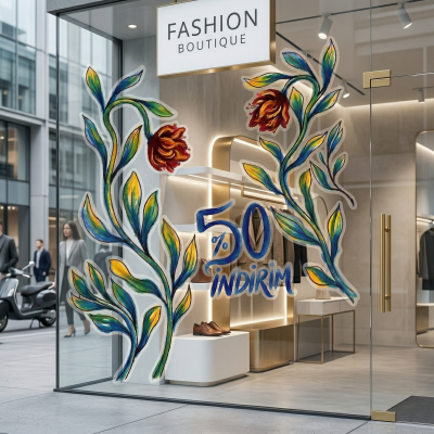 Çiçek Tasarım Vitrin Cam Sticker – %50 İndirim Yazısı & Dekoratif Cam Vitrin Sticker