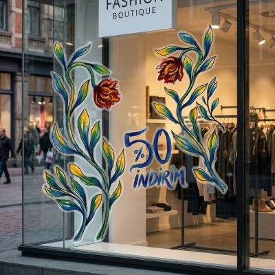 Çiçek Tasarım Vitrin Cam Sticker – %50 İndirim Yazısı & Dekoratif Cam Vitrin Sticker