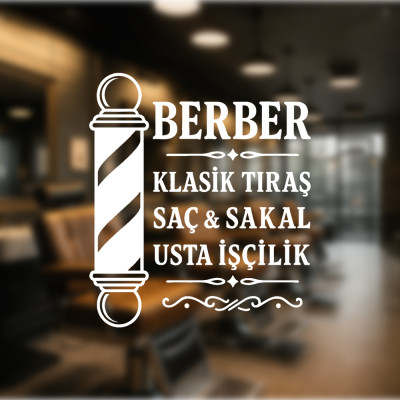 Usta Berber Vitrin Cam Stickerı – Şeffaf Zemin Beyaz Yazı