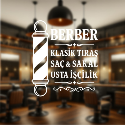 Usta Berber Vitrin Cam Stickerı – Şeffaf Zemin Beyaz Yazı