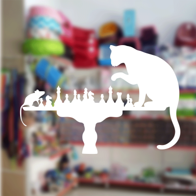 Petshop Ve Veterinerlere Özel Satranç Oynayan Kedi Ve Fare Sticker Yapıştırma