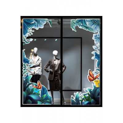 Sulu Boya Efektli Kelebekler ve Çiçekler Renkli Vitrin Cam Stickerı – Canlı, Dekoratif Tasarım