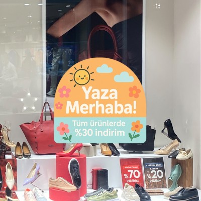 Yaza Merhaba %30 İndirim Vitrin Stickerı – Güneşli Yaz Temalı Kampanya Cam Etiketi