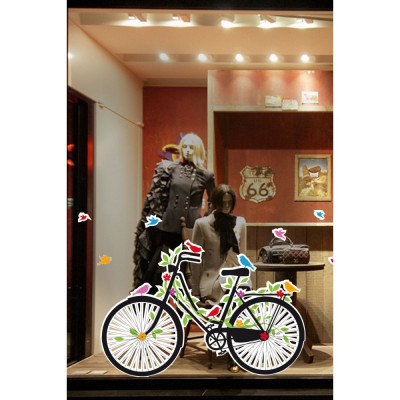 Bisiklet & Yeşil Renk Çiçekler Vitrin Tacı Mağaza Vitrin Cam Stickerı