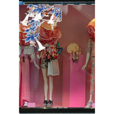 Mavi Yapraklı Ağaç Dalı ve Kuş Mağaza Vitrin Cam Stickerı