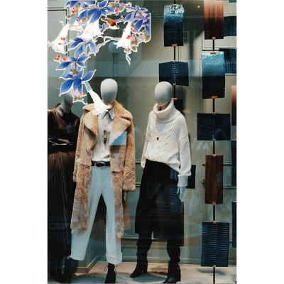 Mavi Yapraklı Ağaç Dalı ve Kuş Mağaza Vitrin Cam Stickerı