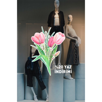 Pembe Çiçek Demeti Ve %20 Yaz İndirimi Yazısı Vitrin Cam Stickerı