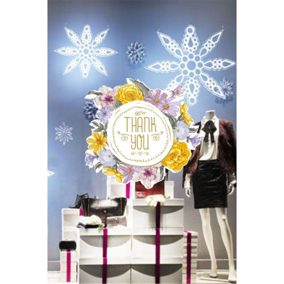 Sarı Renk Çiçekler Vitrin Tacı ve Thank You Mağaza Vitrin Cam Stickerı