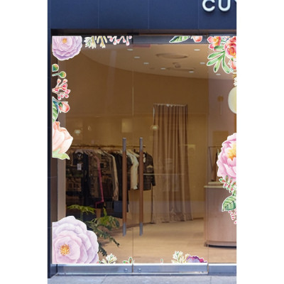 Suluboya Efektli Güller ve Bol Çiçekler Mağaza Vitrin Cam Stickerı