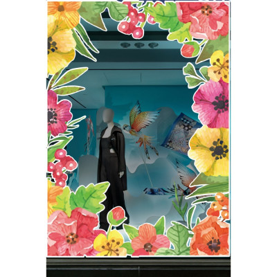 Suluboya Efektli İlkbahar Yaz Çiçekleri Mağaza Vitrin Cam Stickerı