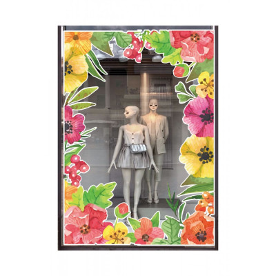 Suluboya Efektli İlkbahar Yaz Çiçekleri Mağaza Vitrin Cam Stickerı