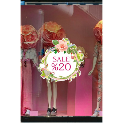 Vitrin Kapı Tacı ve Sale %20 Yazısı Mağaza Vitrin Cam Stickerı