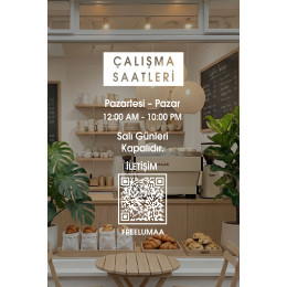 Kafe ve Restoranlar İçin Çalışma Saatleri Cam Sticker – QR Kodlu Vitrin Yazısı – İşletme Cam Dekoru