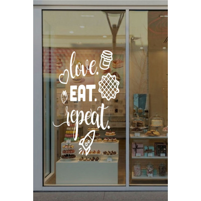 Love Eat Repeat Yazılı Cam Sticker Seti – Kafe Duvar & Vitrin Dekoru – Tatlı & Kahve Temalı Sticker Love Eat Repeat Yazılı Cam Sticker Seti – Kafe Duvar & Vitrin Dekoru – Tatlı & Kahve Temalı Sticker