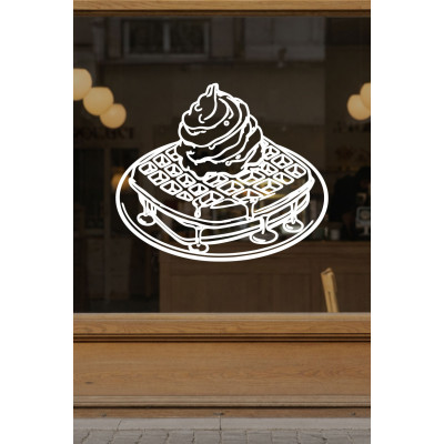 Restoran & Cafe Cam Sticker – Kremalı Waffle Tatlı Tasarım Vitrin Dekoru