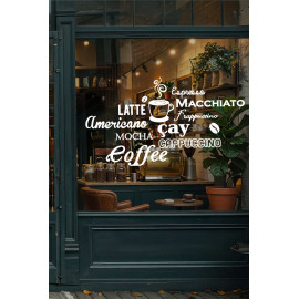 Kafe & Restoran Cam Vitrin Sticker – Kahve Yazıları (Latte, Espresso, Cappuccino) Dekor Seti