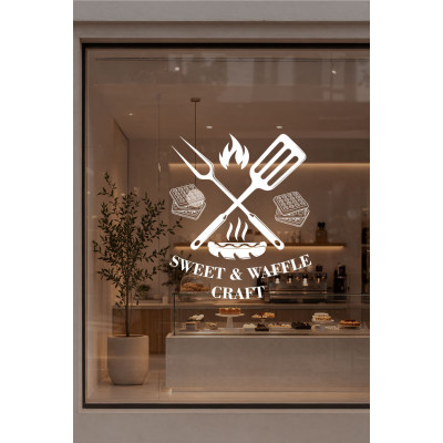 Kafe & Tatlıcı Cam Vitrin Sticker – Sweet & Waffle Yazısı Dekor Tasarımı - Waffle ve Tatlı Temalı Dekor