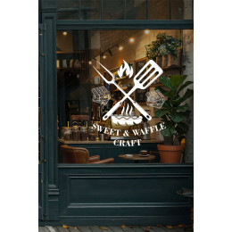 Kafe & Tatlıcı Cam Vitrin Sticker – Sweet & Waffle Yazısı Dekor Tasarımı - Waffle ve Tatlı Temalı Dekor