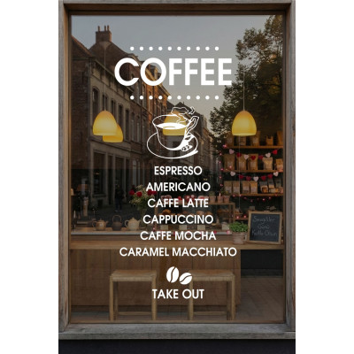 Kafe ve Restoranlara Özel Coffee Yazısı Cam Vitrin Sticker – Modern Kahve Menü Cam Yazısı – Take Away Vinil Dekor