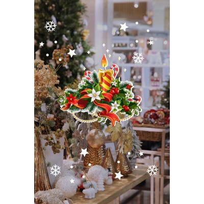 Yılbaşına Özel Mumlu Renk Renk Çiçek Süslemesi ve Kar Tanesi Stickerları Ev Vitrin Yılbaşı Stickerı