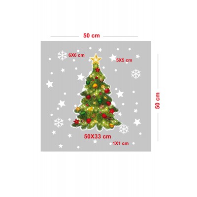 Renkli Süslenmiş Çam Ağacı ,Yıldızlar Yılbaşı Süslemeleri ve Kar Tanesi Stickerları Ev Vitrin Yılbaşı Stickerı