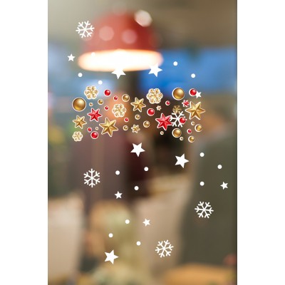 Yeni Yıla Özel Gold Renk Yıldızlar Yılbaşı Süslemeleri ve Kar Tanesi Stickerları Ev Vitrin Yılbaşı Stickerı
