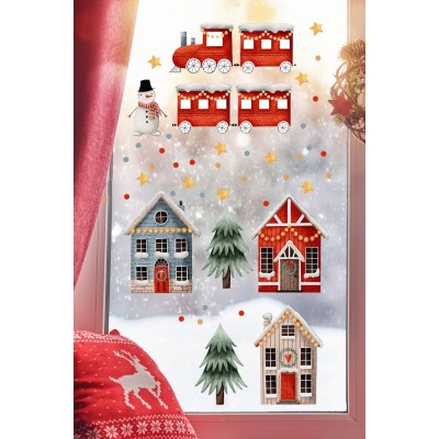 Yılbaşı Tren Evler Süsleme Yeni Yıl Çocuk Bebek Odası Sticker Seti Ev Vitrin Yılbaşı Stickerı