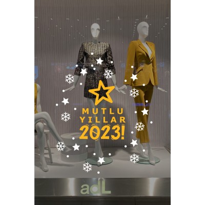 Yeni Yıla Özel Mutlu Yıllar Yazısı Yıldız Süslemesi ve Kar Tanesi Stickerları