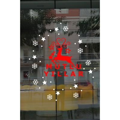 Yeni Yıla Özel Mutlu Yıllar Yazısı Geyik Süslemesi ve Kar Tanesi Stickerları