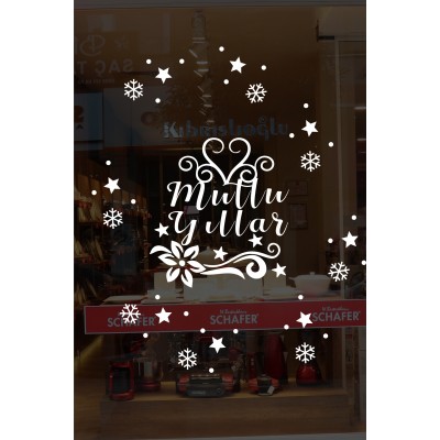 Yeni Yıla Özel Mutlu Yıllar Yazısı Çiçek Deseni Süslemeleri ve Kar Tanesi Yılbaşı Stickerları