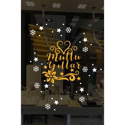 Yeni Yıla Özel Mutlu Yıllar Yazısı Çiçek Deseni Süslemeleri ve Kar Tanesi Yılbaşı Stickerları