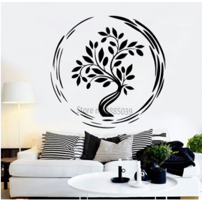 Spor Salonlarına Özel Daire Yoga Ağacı Yazısı Cam Vitrin Sticker Yapıştırma