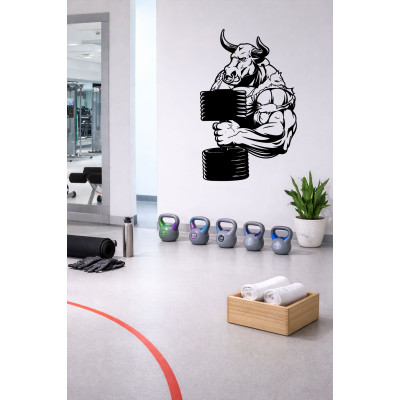 Kaslı Boğa Ağırlık Tasarımı Spor Salonu Duvar Sticker - Güç ve Performans Temalı Duvar Dekoru