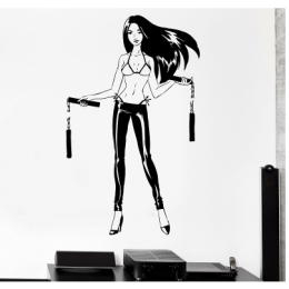 Nunchaku Dövüşçü  Seksi Kadın Duvar Yazısı Cam Vitrin Sticker Yapıştırma