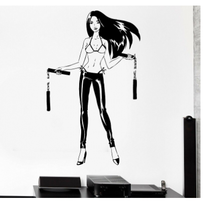 Nunchaku Dövüşçü  Seksi Kadın Duvar Yazısı Cam Vitrin Sticker Yapıştırma