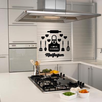 Mutfağım I Love Cooking Önlük Lazer Kesim Duvar Oda Ev Aksesuarı Ahşap Tablo 