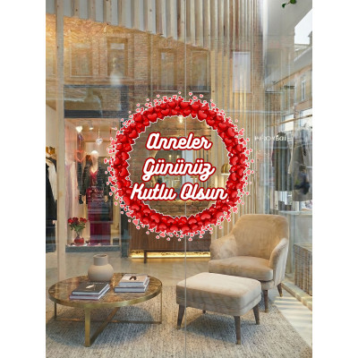 Anneler Gününüz Kutlu Olsun Yuvarlak İçinde Kalpli Cam Vitrin Stickerı 50cm