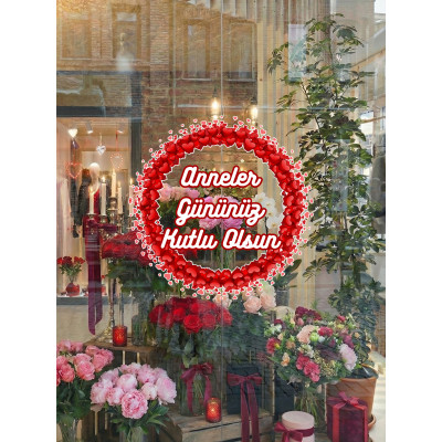 Anneler Gününüz Kutlu Olsun Yuvarlak İçinde Kalpli Cam Vitrin Stickerı 50cm