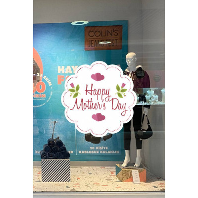 Anneler Günü Güllü Happy Mother's Day Cam Vitrin Stickerı 50cm