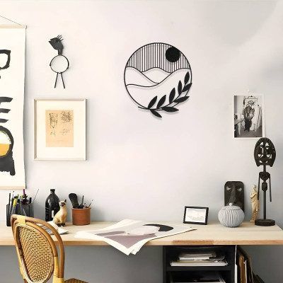Yuvarlak Formda Minimalist Manzara ve Yaprak Metal Duvar Dekoru