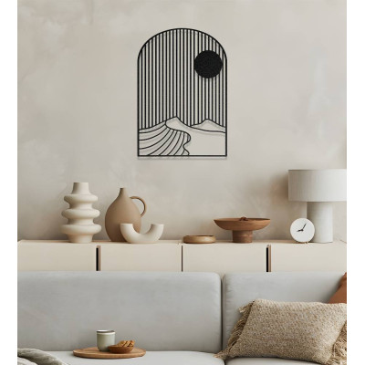 Modern Çizgisel Güneş ve Dağ Metal Duvar Dekoru