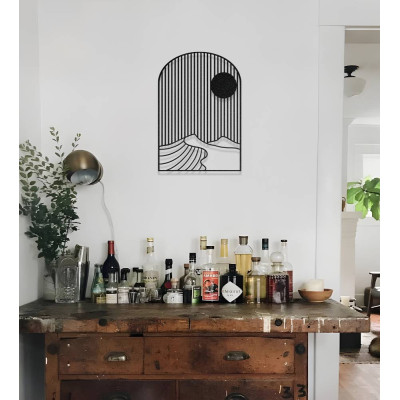 Modern Çizgisel Güneş ve Dağ Metal Duvar Dekoru