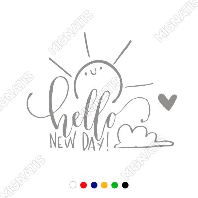 El Yazısı ile Sevimli Hello New Day Duvar Yazısı Sticker 60x48cm