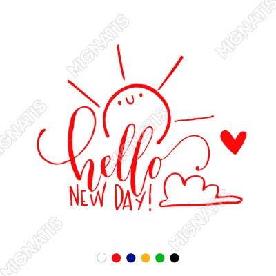 El Yazısı ile Sevimli Hello New Day Duvar Yazısı Sticker 60x48cm
