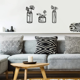 3 Parça Vazolu Çiçek Duvar Oda Ev Aksesuarı Metal Tablo 