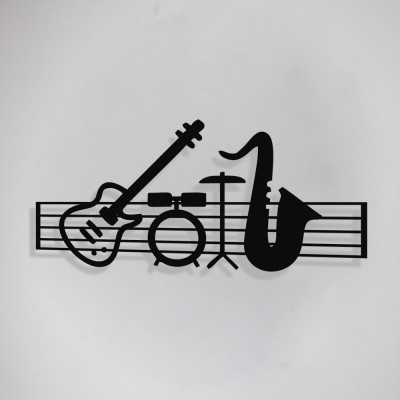 Çerçeve İçinde Jazz Music ve Piyano Gitar Davul Tasarım Metal Tablosu 70x32cm