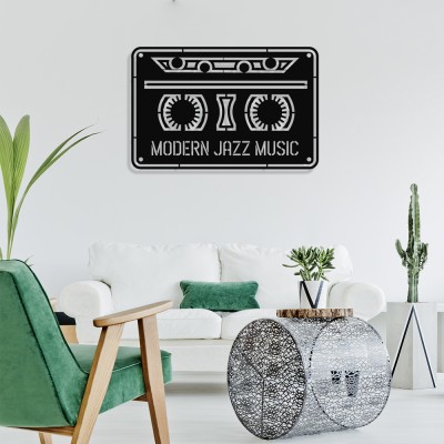 Çerçeve İçinde Modern Jazz Music ve Kaset Tasarım Metal Tablosu 70x45cm